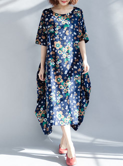 Ethnic Flower Print Half Sleeve Maxi Dress
